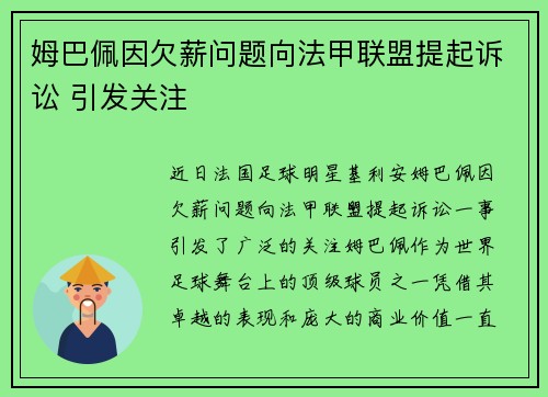 姆巴佩因欠薪问题向法甲联盟提起诉讼 引发关注 姆巴佩因欠薪问题向法甲联盟提起诉讼 引发关注